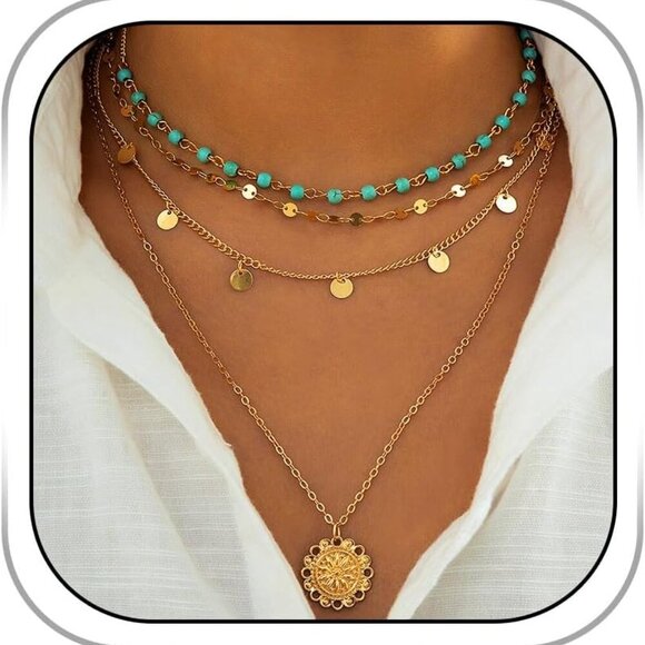 Jewelry - Stylish 4-Piece Gold Layered Necklace Set with Turquoise – Hypoallergenic & Chic